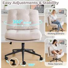 Criss Cross Cloud Chair,Comfy Corduroy Cross Legged Office Desk Chair With/No Wheels,Cute Vanity Chair, Adjustable Wide Seat,Modern Swivel Chair For Study, Make Up, Home Office,Light Khaki - 灰色 - 查看 3