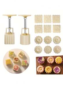 Moon Cake Mold, Including 2 Pc Mold And 12 Pcs Stamps, Flower Round And Square Shaped Cookie Mold, Lotus And Daisy Cookie Molds, DIY Hand Pressure Cookie Stamps, Pastry Tools, Baking Tool - White - View 10