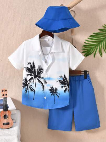 Vihyde Conjunto de 3 piezas para niño preadolescente: camisa de manga corta con estampado de palmeras tropicales + pantalones cortos + sombrero de cubo