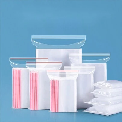 100 个透明 PE 自封塑料袋，厚度 8mil，各种尺寸，带白色或红色边框，适用于储存干货、日用品、防尖锐物体、日常礼品包装