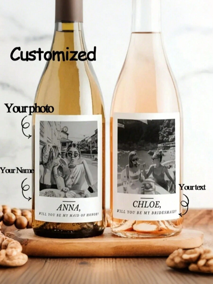 4/8/12pcs Customized Wine Bottle Waterproof Black And White Style Photo Text Stickers, Customized Party Stickers, Your Own Party Stickers, Perfect Choice For Friends, Family, Parties, And Events Cute, Adorable, Unique, Customized, For Friend, Boyfriend, Friends, For Anniversaries, For Birthdays, For Weddings, For Graduation, For Housewarming