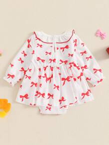 Baby Girl Spring Romper Dress Long Sleeve Ruffled Letter Embroidery Bow Print Jumpsuit - Red - View 4