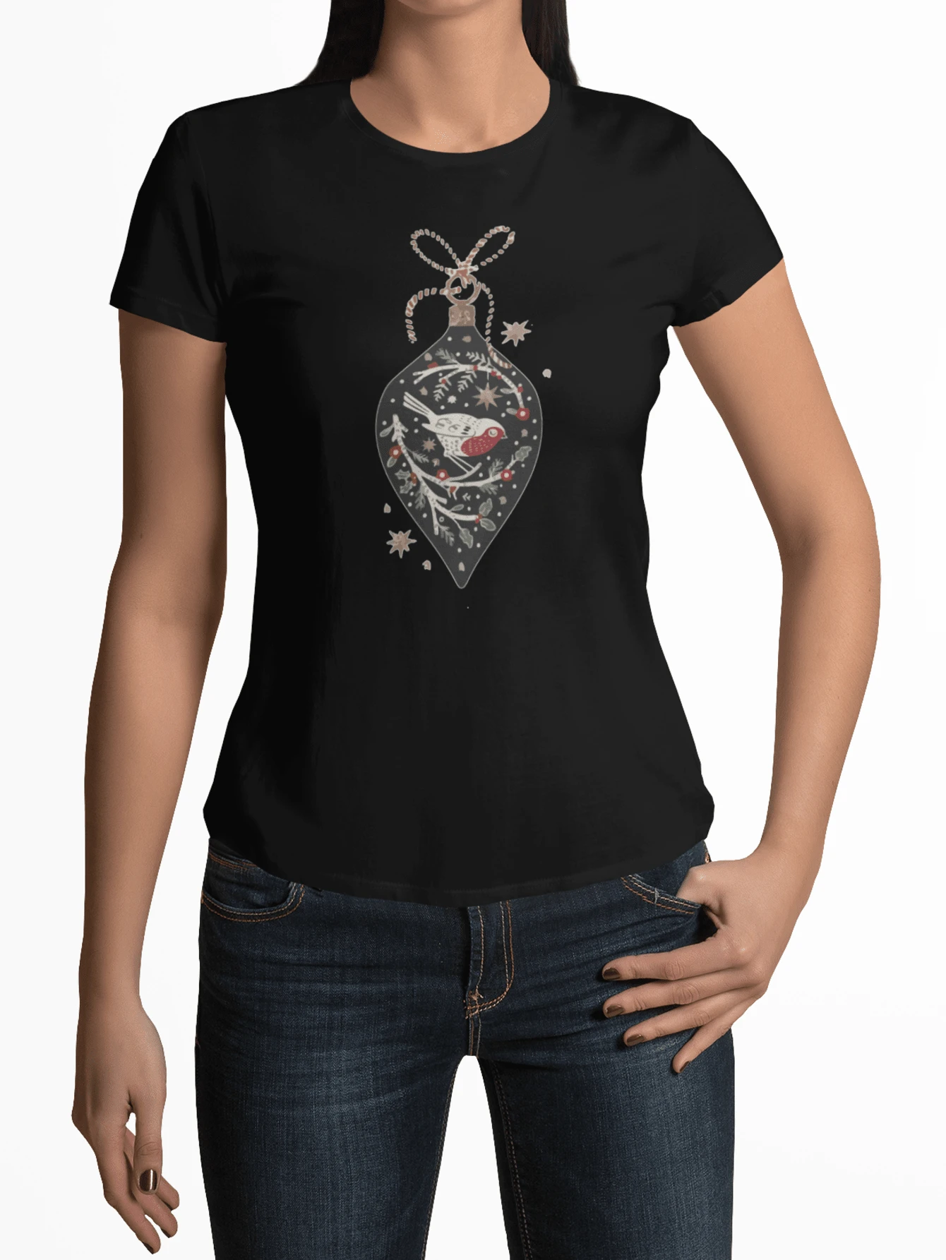 T-Shirts Dark Blouses For Women Round Neck Short Sleeve Fashion Casual Date Super Quality Elastic Casual Christmas Bird Sphere DUTU Fanelia Fashion - 黑色 - 查看 1