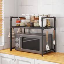 1pc Multi-Purpose Floor Standing Storage Rack With Handles And Hooks - Sturdy Plastic/Metal, Adjustable Shelves, Suitable For Microwave, Oven And Accessories Storage - Perfect For Countertops, Bedroom And Bathroom Essentials