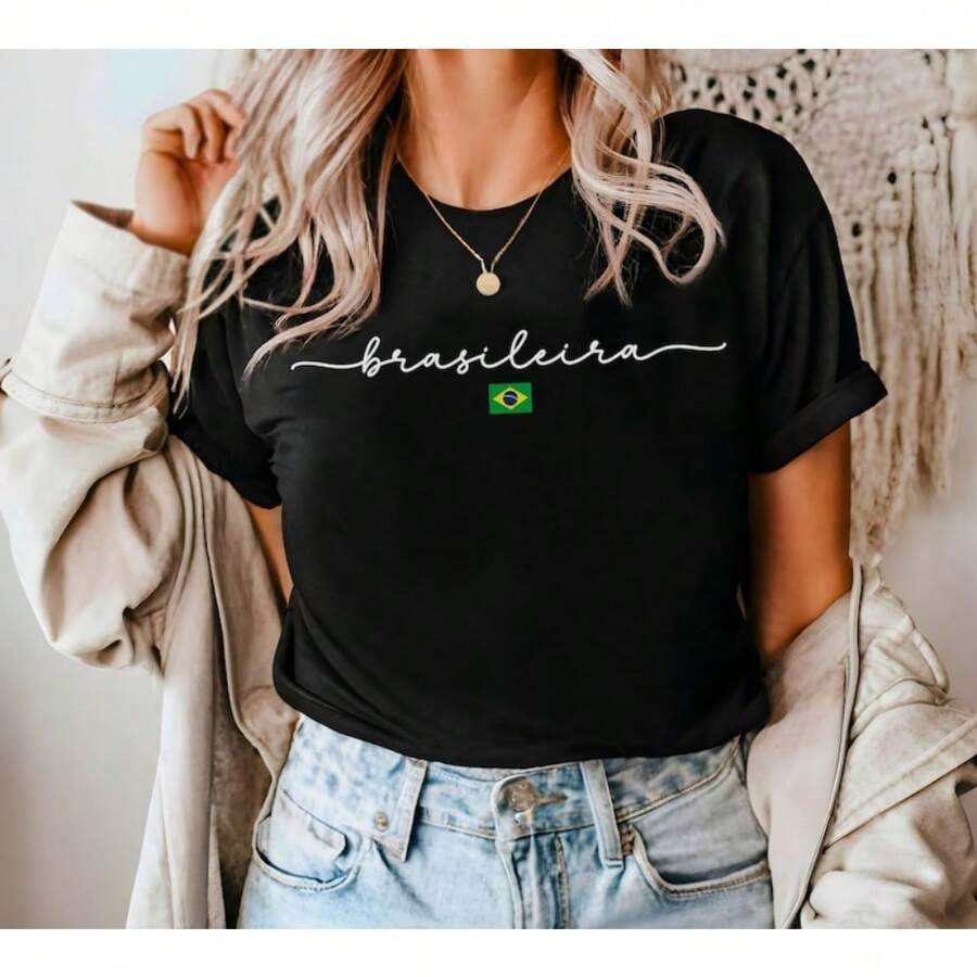 Brazil Shirt, Brasileira Brazilian Flag T-Shirt - 黑色 - 查看 1