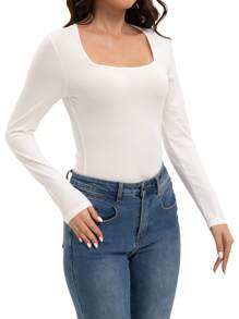 KAHULE Women's Square Neck Sexy Long Sleeve Shirts  Tops  Basic Fall Fashion Slim Fit T Shirts Blouses For Going Out - trắng - Xem 3