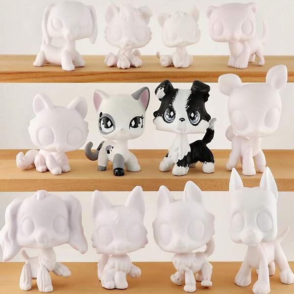 LPS Witte Figuur Basis, 3 Stuks Willekeurige Teckel Husky Cocker Spaniel Duitse Dog Hond Kitten Hurkende Kat Korthaar Kat Wolfkat Hert DIY Verf Lege Mallen Compatibel Met LPS Fans Geschenken Verjaardag Afstuderen