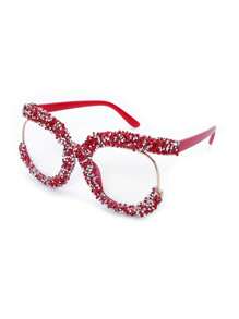1pc Oversized Round Fashionable Glasses With Diamond Studded Half Frame, Personalized Multifunctional Glasses Frame, Transparent Glasses, Shiny Accessories - 無色 - 查看 16