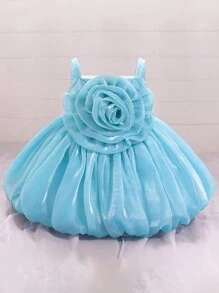 女婴花卉薄纱可爱生日公主裙，适合花童、婚礼、派对、外出等场合，不含头饰 - 淺藍色 - 查看 4