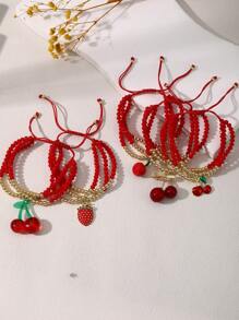 1pc Valentine's Day Y2K Creative Fashion Elegant Multi-Layer Resin Copper Cherry Strawberry Beaded Pendant Woven Bracelet Maas Red Lady Husband And Wife Sisters Couples Jewelry Gifts, Suitable For Daily Gifts Party Date Party Festival Wear Red Jewelry Adjustable Size,Mom,Mother,Mother's Day,Gift