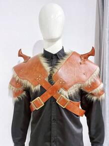 2pcs (1 Pair) Brown Retro Viking Warrior Knight Fluffy & PU Leather Horn Shoulder Guard Armor, Carnival Holiday Festival Stage Costume Prop Halloween - Brown - View 2