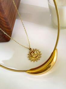 Monlansher 1pc Women's Stainless Steel Pendant Necklace, Fashion Metal Sun Flower & Smiling Face Hollow Curved Tube Pendant Design On Snake Chain, Stylish Layered Necklace