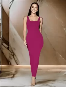 Women's Square Neck Fitted Long Dress - Hot Pink - View 1