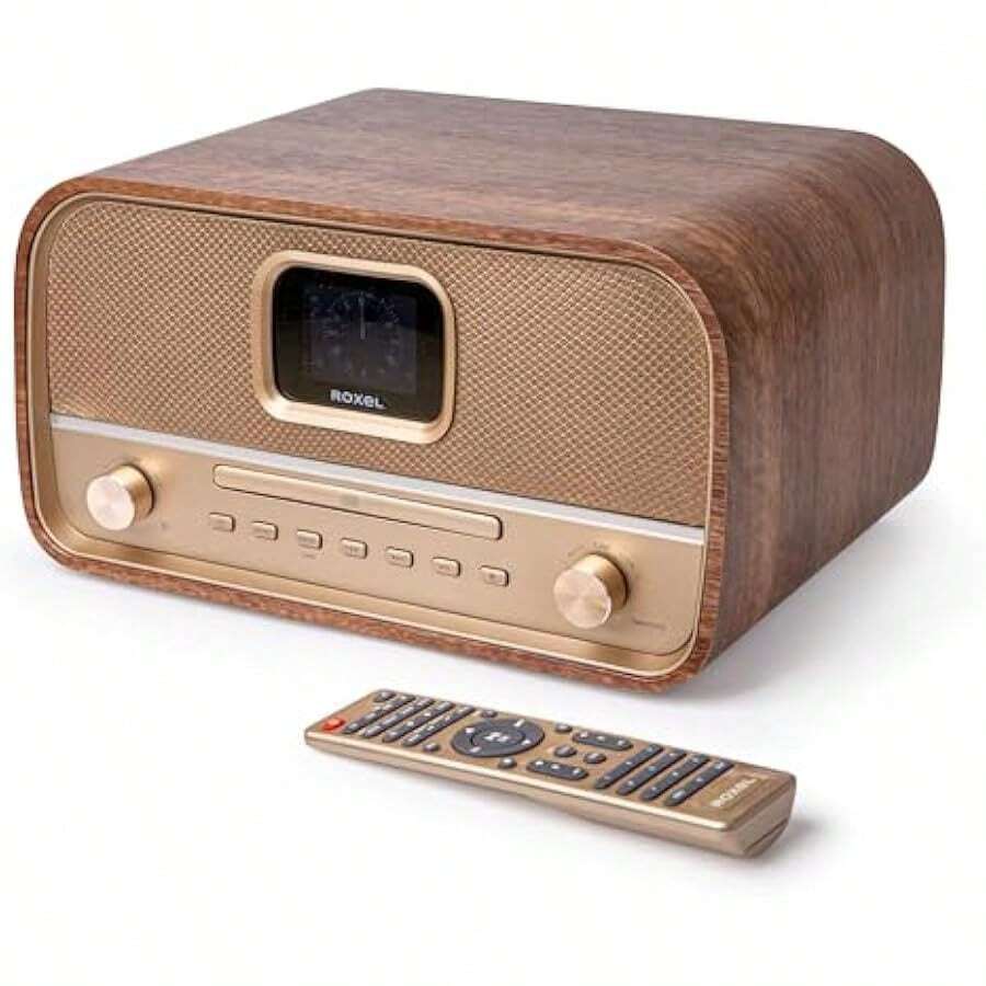Roxel Amber All-In-One Compact Retro HiFi System With CD Player DAB/DAB+ BT Audio Streaming 40W  USB Playback And Charging FM Radio With  Color Display Clock And Alarm Remote Controller - Walnut1 - View 1
