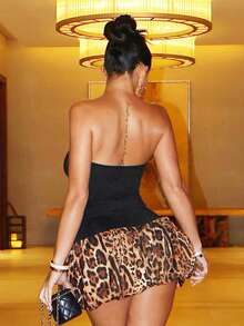 1 Stück Damen Sommer Mode sexy Bandeau Minikleid mit Leoprint - Schwarz - Übersicht 3