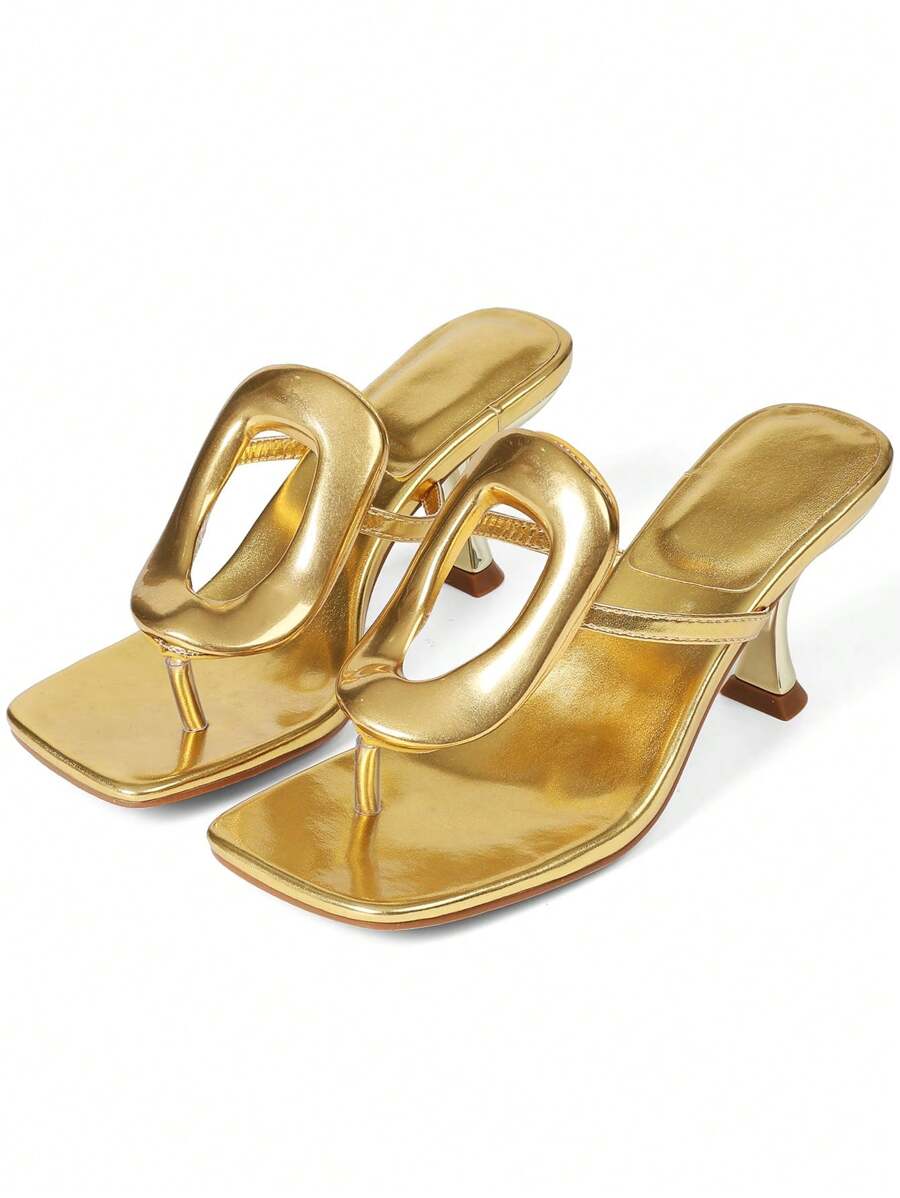 Metallic Women Flip Flops Sandals Kitten Heels Square Toe Colorful Metal Sexy Fashion Elegant Dress Summer Shoes - 金色 - 查看 1