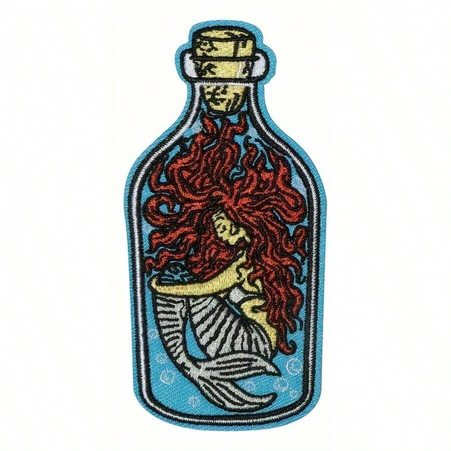 1pc Mermaid In A Bottle Sea Embroidery Patch -Ocean - Iron-On/Sew-On Clothing, Backpack And Hat Applique, DIY Fashion Accessories