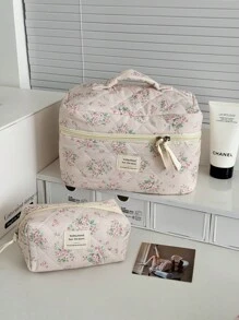 Vb1Pc/Set Flower Bouquet Pattern Pink Makeup Bags Cosmetic Bag Quilted Makeup Bag Pencil Case Wallet Purse Zipper Multi-Functional Storage - Multicolor - View 15