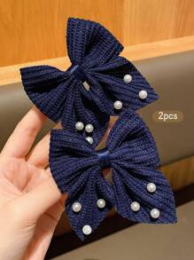 2 pinzas de pelo con lazo, elegantes y lindas, adecuadas para uso diario - Azul Marino - Ver 4
