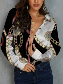 Women's Long Sleeved Single Breasted Printed Chain Flower Shirt Top - Multicolor - View 1