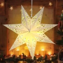 1/3 Decoraciones de araña de papel con forma de estrella - Diseño elegante calado, luz cálida, adecuado para el hogar, dormitorio, boda y decoraciones navideñas, sin baterías ni alimentación requerida, decoración de boda, farolillo de papel decorativo, sin alimentación requerida, para iluminación decorativa, bombilla no incluida, lámpara con forma de estrella calada, adecuada para decoraciones de Eid y Ramadán, Feliz Eid, suministros para fiestas festivas, regalo de Eid, decoración navideña, colgante de estrella - Blanco - Ver 10