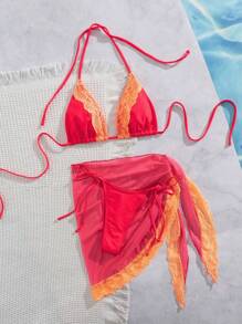 Nieuwe zachte effen kleur kant splicing spaghetti band halter rugloze elegante party bikini set met wikkelrok, vrouwen zomer strand mode bikini