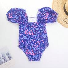 Girls Blueberry Fruit & Polka Dot Print Puff Sleeve One-Piece Swimsuit, Beach Outfit For 4-9 Years Old - Baby Blue - View 2