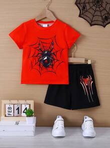 2 件男童休闲蜘蛛图案柔软针织短袖 T 恤和短裤套装，春夏季户外服装 - 紅色 - 查看 1