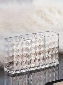 1/2pcs Diamond Pattern Acrylic Makeup Organizer - 3 Compartment Clear Makeup Brush Holder And Pen Cup, Suitable For Brushes, Lipsticks, And Pencils - Perfect For Bathroom, Bedroom Vanity, And Office Desk Home Bathroom Decor Bathroom Organizer Summer Makeup Organizer