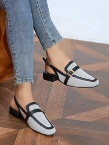 2025秋季女士时尚露趾拖鞋凉鞋，低跟拼色穆勒鞋，春夏帆布鞋杏色，乐福鞋 - 杏色 - 查看 2