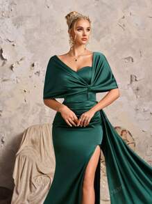 1 pezzo Abito in raso verde vintage di alta qualità con scialle, abito da sera elegante per feste, matrimoni e ospiti