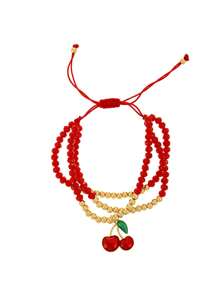 1pc Valentine's Day Y2K Creative Fashion Elegant Multi-Layer Resin Copper Cherry Strawberry Beaded Pendant Woven Bracelet Maas Red Lady Husband And Wife Sisters Couples Jewelry Gifts, Suitable For Daily Gifts Party Date Party Festival Wear Red Jewelry Adjustable Size,Mom,Mother,Mother's Day,Gift