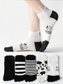 1 par de meias femininas separadoras de dedos, meias leves e respiráveis com gáspea baixa, absorvem o suor, meias curtas com tubo, meias curtas resistentes a odores e estampa de vaca fofa para o verão, meias femininas com tubo