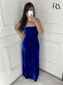 Vestido Lavínia | Longo de Veludo Soltinho Rodado Frente Única Com Amarração Nas Costas - Festa, Aniversário, Formatura, Eventos, Madrinha de Casamento, Noite, Dia, Verão, Primavera