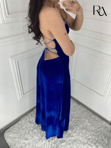 Vestido Lavínia | Longo de Veludo Soltinho Rodado Frente Única Com Amarração Nas Costas - Festa, Aniversário, Formatura, Eventos, Madrinha de Casamento, Noite, Dia, Verão, Primavera