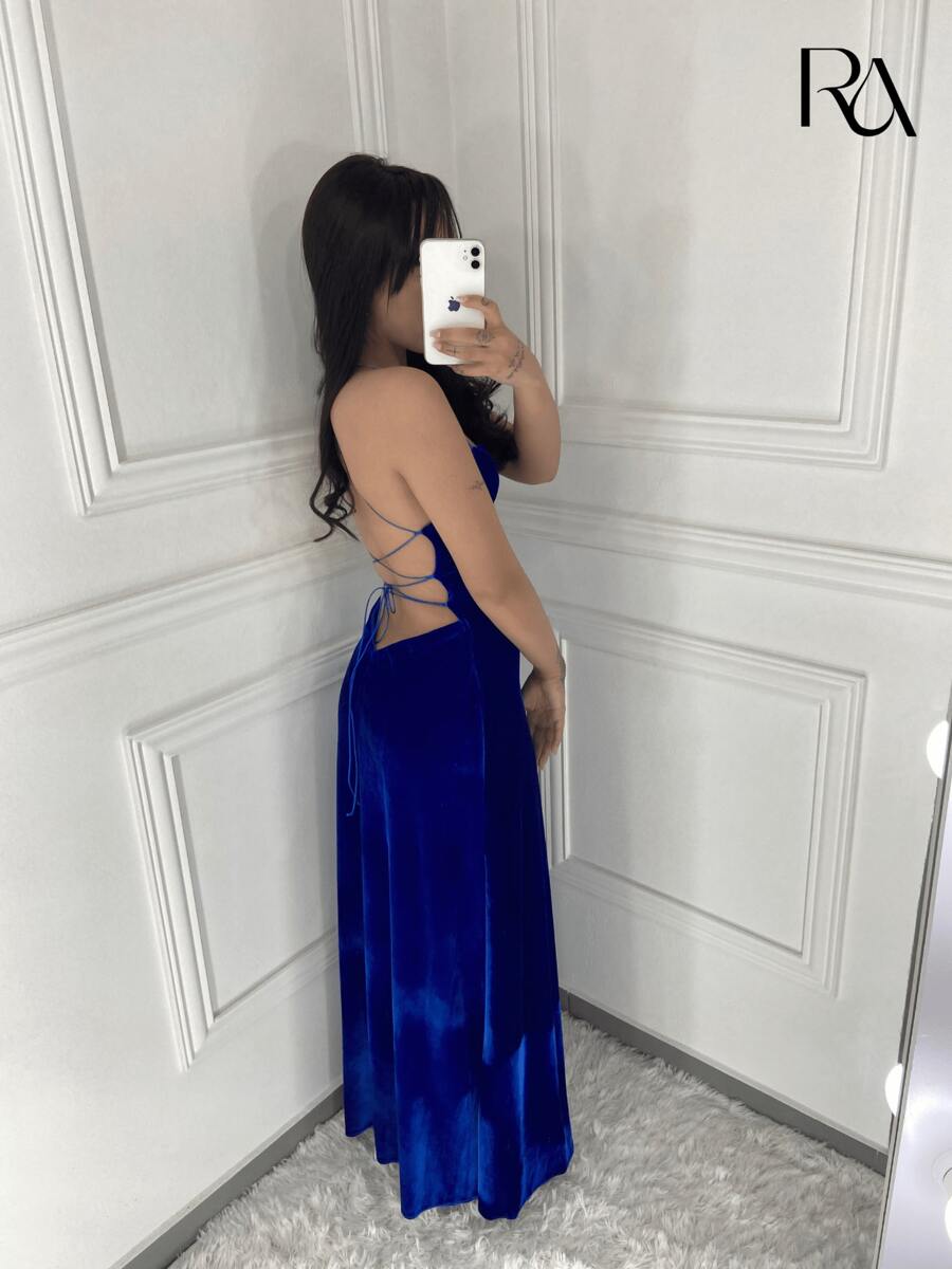 Vestido Lavínia | Longo de Veludo Soltinho Rodado Frente Única Com Amarração Nas Costas - Festa, Aniversário, Formatura, Eventos, Madrinha de Casamento, Noite, Dia, Verão, Primavera