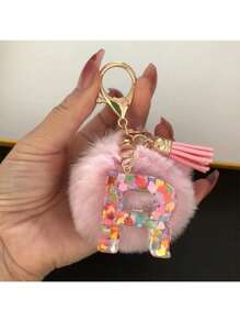 1 Pc,Alphabet Initial Letter Keychain Cute Plush Pom Pom Key Chain Ring Bag Backpack Charm Car Hanging Pendant Women Girls Gift,Cute Sequins Resin Key Chain,Wallet And Handbag Accessories, Keychain With Tassels,Alphabet Initial Letter A-Y - Pink - View 25