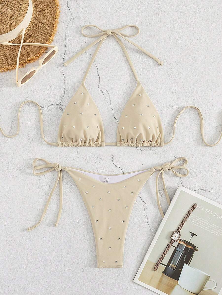 New European & American Style Women Rhinestone Decor Bikini Swimwear Set, For Summer Beach Vacation - Beige - View 1