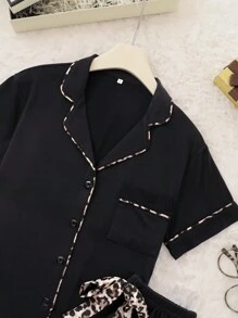 2 Pcs Women All-Over Leopard Print Contrast Color Short Sleeve Top And Shorts Pajama Set, Suitable For All Seasons, Pockets Lapel Button Front Top & Bow Shorts, Casual Suit, Two Pieces Set - Black - View 5