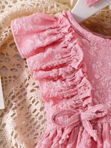 2pcs Baby Girl Sweet Bowknot Floral Trim Sleeveless Pink Jacquard Dress With Hair Scrunchie, Summer