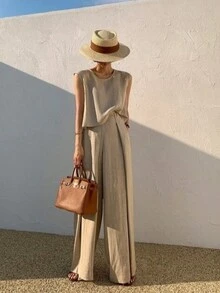 2pcs/Set Casual Relaxed Fit Tank Top And Wide Leg Pants For Women, Simple Elegant