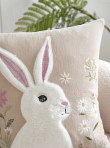1pc Flower & Rabbit Embroidered Pillow Case, Suitable For Indoor Decoration, Applicable For All Seasons, Pillow Cover Only (No Pillow Insert) - Khaki - View 6
