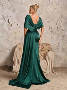Rochie vintage verde de satin de înaltă calitate, cu șal, 1 buc., rochie elegantă de seară, pentru invitați la nuntă - Verde inchis - Vizualizare 2