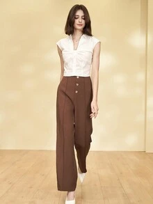 Women's Solid Color Elegant Metal Button Formal Office Tapered Trouser, Workwear Pocket French Style Pants