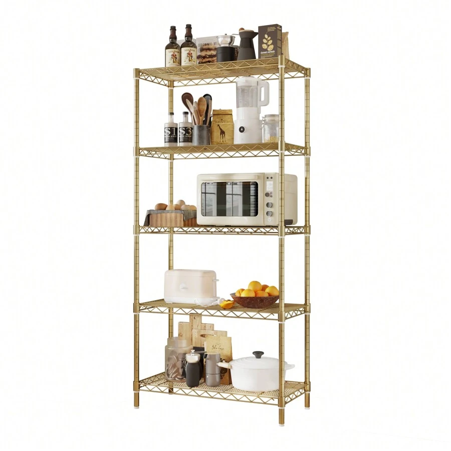 Estantería de exhibición ajustable de 5 niveles, 74x34x150cm, acabado dorado brillante, estantería de almacenamiento metálica resistente con pies de nivelación ajustables