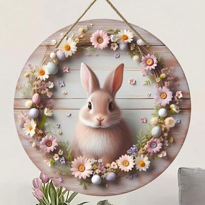 1 pezzo, coniglio e uova, logo corona, regalo per le vacanze, logo in legno, logo rotondo, accessori per corone, decorazione per corone, decorazione da parete, decorazione per la casa, decorazione per la stanza, decorazione per il portico, logo decorativo ("8x 8") Pasqua