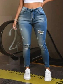 Vaqueros, primavera, verano, otoño e invierno, leggings con cremallera frontal y botones de color azul liso para mujer, vaqueros lavados