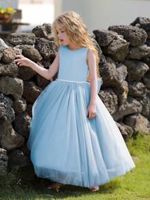 Tween Girls' Blue Backless Dress With Large Bow Decor, Mesh Patchwork Summer Maxi Gown