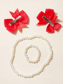 4 Stücke/Set Haarschmuck Set für Mädchen, enthält 2 Haarspangen, 1 Perlenkette und 1 Perlenarmband, geeignet für Mädchen ab 3 Jahren. Schleifen Haarspangen, passend für Frühlingsoutfits, Kinderaccessoires, können für Feiern, Jubiläumsparty Dekoration, Kindergeschenke verwendet werden, in verschiedenen Farben erhältlich, geeignet für Innen- und Außenbereich, Geburtstagsdekor, Fotografie Requisiten. - Verschiedenfarbig - Übersicht 4