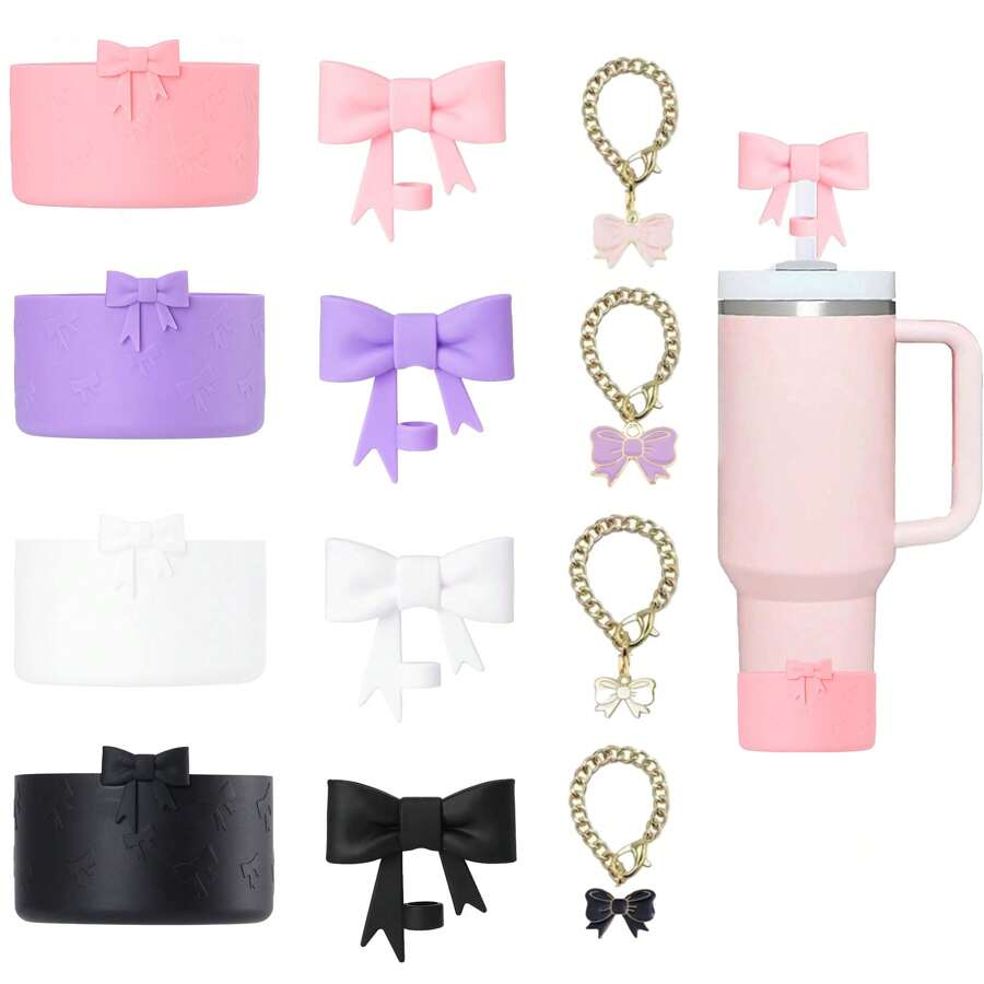 3 件套蝴蝶结硅胶吸管盖套装，蝴蝶结吊坠可调节金属链杯饰装饰适合 30 和 40 盎司杯子，10 毫米可重复使用的吸管盖，蝴蝶结杯套，防尘吸管盖可爱杯子配件套装，节日礼物。 - 彩色 - 查看 1